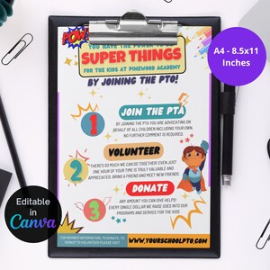 Può includere: Un poster stampabile colorato con il testo "Super Things" e "Unendoti al PTO!" Il poster incoraggia le persone ad unirsi al PTO facendo volontariato, donando e unendosi al PTO. Il poster misura 8,5 x 11 pollici.
