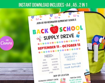 May include: A printable flyer for a back to school supply drive at Reignwood Elementary School. The flyer is decorated with colorful school supplies and a red apple. The drive is scheduled for September 11th to October 15th, from 10am to 3pm, Monday through Friday. The flyer lists needed supplies, including pens, pencils, folders, notebooks, calculators, backpacks, scissors, glue sticks, paper, and paperclips. It also includes two drop-off locations: Reignwood Community Centre and Parkview Centre.