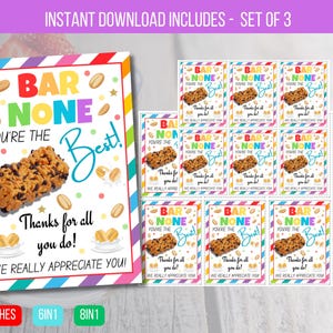 以下が含まれることがあります： カラフルなストライプの背景に「Bar None You're the Best!」のテキストとグラノーラバーのグラフィックが描かれた、印刷可能なギフトタグ3枚セット。タグには「Thanks for all you do! We really appreciate you!」のテキストも含まれており、サイズは2.5 x 3.5インチです。