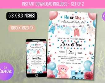 EDITABLE He Or She Gender Reveal Invitation, Gender Reveal Party Invitation, He Or She, Boy Or Girl Reveal Template Instant Download