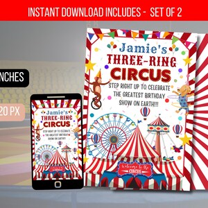 May include: A digital design for a birthday party invitation, featuring a circus theme. The design includes a red and white striped circus tent, a Ferris wheel, and a monkey on a unicycle. The text reads "Jamie's Three-Ring Circus". The invitation is 5.8 x 8.3 inches.