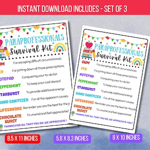 EDITABLE Paraprofessional Survival Kit, Back to School Gift, PTA PTO, Staff Appreciation Day, Gift Idea Printable Gift Instant Download