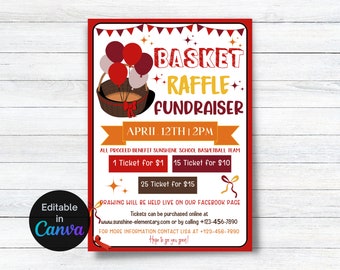 Basket Raffle Fundraiser Flyer, Editable Basket Raffle fundraiser Template, School pto pta Church Charity Raffle Ticket Sales