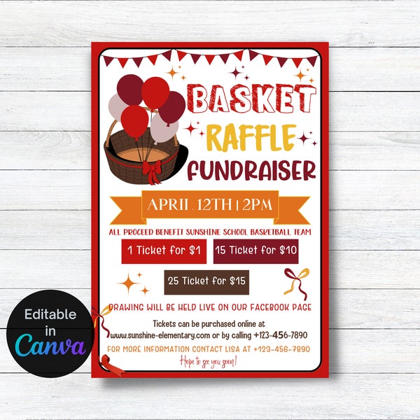 Basket Raffle Fundraiser Flyer, Editable Basket Raffle fundraiser Template, School pto pta Church Charity Raffle Ticket Sales