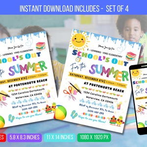 Op de afbeelding: Een set van vier printbare uitnodigingen voor een school's out zomerfeest. De uitnodigingen hebben een kleurrijk ontwerp met een zon, strandballen en de tekst "School's Out for the Summer". De uitnodigingen zijn verkrijgbaar in vier formaten: 8,5 x 11 inch, 5,8 x 8,3 inch, 11 x 14 inch en 1080 x 1920 pixels.