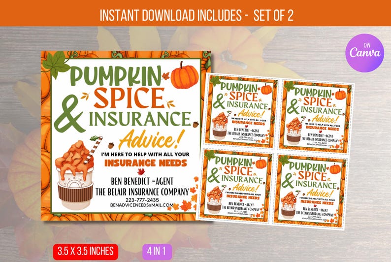 EDITABLE Pumpkin Spice & Insurance Advice Card, Fall Insurance