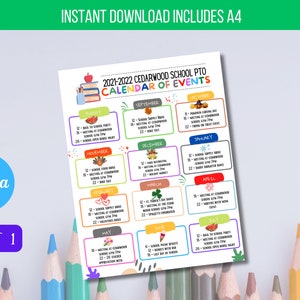 Editable Monthly Event Calendar Flyer Template, Year at a Glance, School Year Fundraiser Event, Volunteer Meeting Agenda