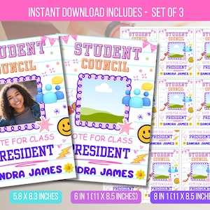 Peut inclure: Ensemble de 3 affiches imprimables pour les élections au conseil étudiant. Les affiches présentent un cadre photo, un smiley et le texte "Student Council" et "Vote for Class President Sandra James". Les tailles sont de 14,7 x 21,1 cm, 6 en 1 (27,9 x 21,6 cm) et 8 en 1 (27,9 x 21,6 cm).