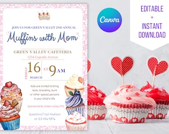 Muffins editables con mamá, invitación para el Día de la Madre, recaudación de fondos para las mamás de la escuela, brunch del Día de la Madre de la PTA/PTO