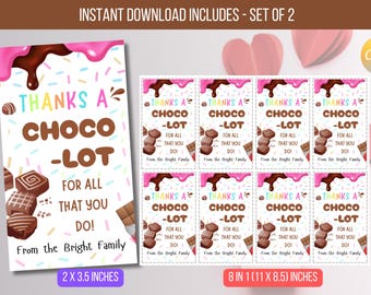 EDITABLE Thanks A Choco-Lot Teacher Appreciation Tag, Chocolate Gift Tag, Thank You Teacher School Staff Tag Template Instant Download