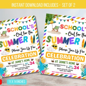 Op de afbeelding: Twee kleurrijke, afdrukbare uitnodigingen voor een zomerse schoolviering. De uitnodigingen hebben een strandthema met een zon, palmbomen en surfplanken. De tekst luidt "School's Out for the Summer Celebration" en bevat de datum, tijd en locatie van het evenement. De uitnodigingen zijn 8,5 x 11 inch en 11 x 14 inch.