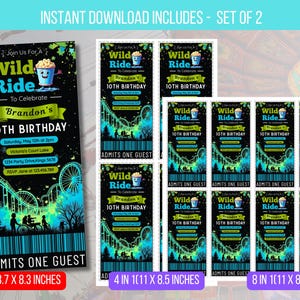 Peut inclure: Ensemble de cartons d'invitation d'anniversaire imprimables sur le thème des montagnes russes. Les invitations sont noires avec des accents turquoise et verts, et comportent le texte "Wild Ride" et "10e anniversaire de Brandon". Dimensions : 9,4 x 21,1 cm.