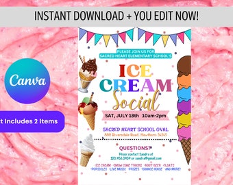 Ice Cream Flyer, Teacher Appreciation Week, Ice Cream Social Flyer, Printable Ice Cream Fundraiser Party Invite, EDITABLE TEMPLATE