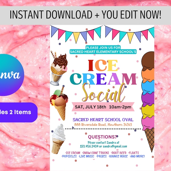 Ice Cream Flyer, Teacher Appreciation Week, Ice Cream Social Flyer, Printable Ice Cream Fundraiser Party Invite, EDITABLE TEMPLATE