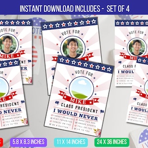 Może przedstawiać: Zestaw 4 plakatów do druku o tematyce patriotycznej. Każdy plakat zawiera ramkę na zdjęcia, tekst "VOTE FOR MIKE" i frazę "I WOULD NEVER". Rozmiary to 21,6 x 27,9 cm, 14,7 x 21,1 cm, 27,9 x 35,6 cm i 61 x 91,4 cm.