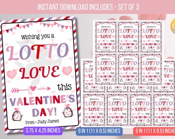 May include: Printable Valentine's Day cards with a pink, red, and white color scheme. The cards feature the text "Wishing you a LOTTO LOVE this VALENTINE'S DAY!" with a penguin illustration. The cards are available in two sizes: 3.75 x 4.25 inches and 6 in 1 (11 x 8.5 inches).