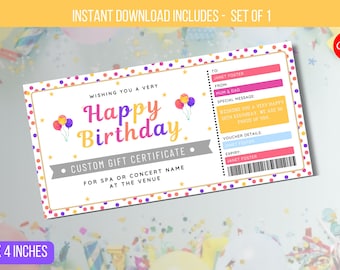 Op de afbeelding: Een printbare verjaardagsgiftbon-sjabloon met een kleurrijk confetti-ontwerp. De tekst luidt "Wishing you a very Happy Birthday." en "Custom Gift Certificate".