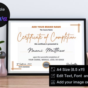 Editable Certificate Of Completion, Training Certificate Template, Canva Template, DIY Certificate of Completion Template
