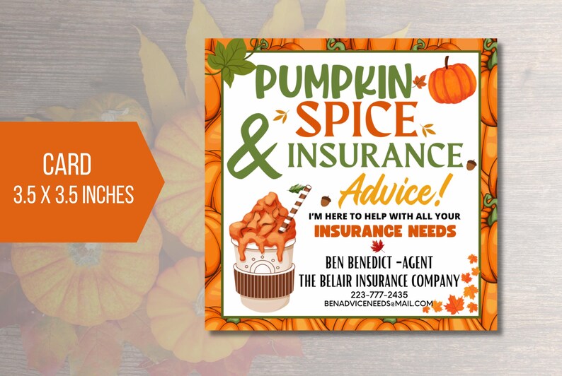 EDITABLE Pumpkin Spice & Insurance Advice Card, Fall Insurance