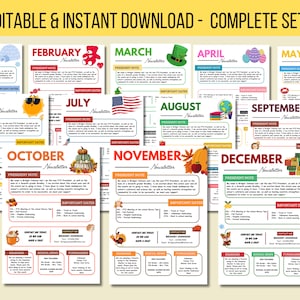 Editable Yearly/Monthly Newsletter Template Set, Classroom Printable Handout Flyer Bundle, PTO PTA Newsletter Bundle, School Events Handout