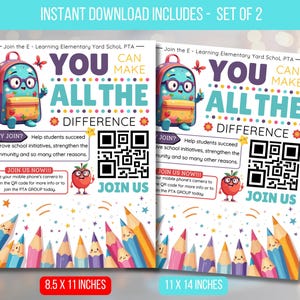 Könnte beinhalten: Zwei digitale Poster mit dem Text "YOU CAN MAKE ALL THE DIFFERENCE" und einer Cartoon-Rucksackfigur. Enthält QR-Codes und den Text "JOIN US". Die Poster sind 21,6 x 27,9 cm und 27,9 x 35,6 cm groß.