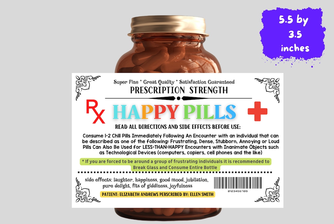 EDITABLE Happy Pills Label Funny Gag Gift Professional Office Etsy
