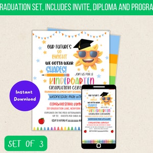 Graduation Set Future is So Bright, Evite, Invite Printable Kindergarten Preschool Any Age Grad School Ceremony Program Diploma, EDITABLE