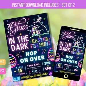 May include: Glow in the Dark Easter Egg Hunt invitation with a neon pink bunny holding an egg. The invitation is 5.8 x 8.3 inches and is available as a digital download. The text on the invitation reads "Glow in the Dark Easter Egg Hunt, Hop on Over, March 15, Saturday, 2pm to 5pm, Town Hall, 1230 Riverside County, CA 1001, RSVP Anna at 123-456-7890".