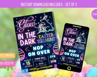 May include: Glow in the Dark Easter Egg Hunt invitation with a neon pink bunny holding an egg. The invitation is 5.8 x 8.3 inches and is available as a digital download. The text on the invitation reads "Glow in the Dark Easter Egg Hunt, Hop on Over, March 15, Saturday, 2pm to 5pm, Town Hall, 1230 Riverside County, CA 1001, RSVP Anna at 123-456-7890".