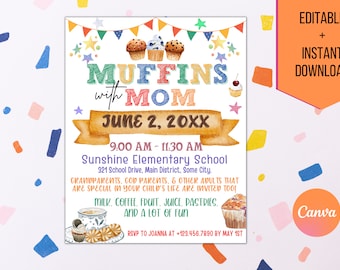 Muffins editables con mamá, invitación para el Día de la Madre, recaudación de fondos para las mamás de la escuela, brunch del Día de la Madre de la PTA/PTO
