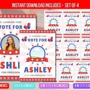 Peut inclure: Ensemble de 4 affiches de campagne imprimables aux couleurs rouge, blanc et bleu. Les affiches indiquent "VOTE FOR ASHLEY" et "ASHLI FOR PRESIDENT". Les tailles incluent 21,6 x 27,9 cm, 14,7 x 21,1 cm et 6 en 1 (27,9 x 21,6 cm).