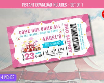Op de afbeelding: Een roze circus-thema uitnodigingskaart, 20 x 10 cm, met de tekst "Come One Come All to the Greatest Party on Earth" en "Angel's 2nd Birthday". Bevat een circus tent afbeelding en een barcode.