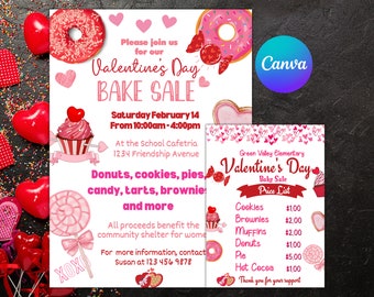 Valentine's Day Bake Sale Editable Price List, Instant Download Bake Sale Sign, School Church Community Fundraiser Event Template