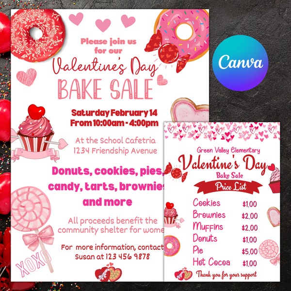 Valentine's Day Bake Sale Editable Price List, Instant Download Bake Sale Sign, School Church Community Fundraiser Event Template