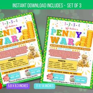 EDITIERBARER Penny War Fundraiser Flyer, druckbare Fundraiser-Veranstaltung für die Schule, gemeinnützige PTO PTA-Veranstaltung, Projektabschluss-Veranstaltung, Sofort-Download