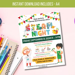 EDITABLE Family Steam Night Flyer, School PTA PTO Flyer, Community Church Fundraiser, Math Science Tech Educational Event Poster, Printable