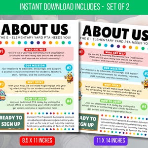 Puede incluir: Dos folletos imprimibles "Acerca de nosotros" para la asociación de padres de una escuela, con el texto "Descarga instantánea incluida - Juego de 2". Los folletos tienen secciones coloridas que detallan la misión de la asociación, cómo unirse y la información de contacto.