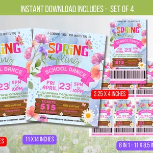 Puede incluir: Invitación imprimible para un baile de primavera "Spring Fling" con diseño floral de acuarela. La invitación incluye la fecha, la hora, la ubicación y el precio de las entradas. También se incluyen 8 entradas imprimibles con el mismo diseño. La invitación mide 8,5 pulgadas por 11 pulgadas y las entradas miden 2,25 pulgadas por 4 pulgadas.
