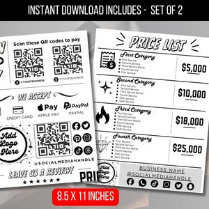 May include: A black and white printable set of two documents. One document says "Scan to Pay" with QR codes, payment methods, and social media icons. The other is a price list with categories and prices. The documents are 8.5 x 11 inches.