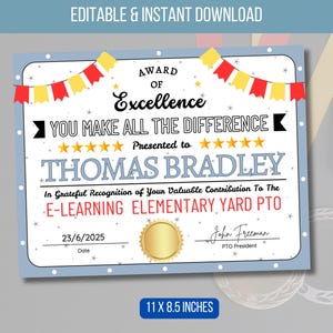 Pode incluir: Um certificado de prémio com o texto "Award of Excellence" e "You Make All The Difference". O certificado é apresentado a Thomas Bradley. O certificado tem 27,94 x 21,59 cm.