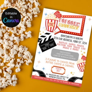 Editable popcorn fundraiser event, Popcorn party theme, PTA PTO School Church Popcorn Fundraiser Event, Charity Non Profit Event Poster,