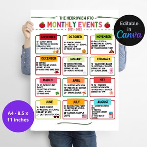 Editable Monthly Event Calendar Flyer Template, Year at a Glance, School Year Fundraiser Event, Volunteer Meeting Agenda