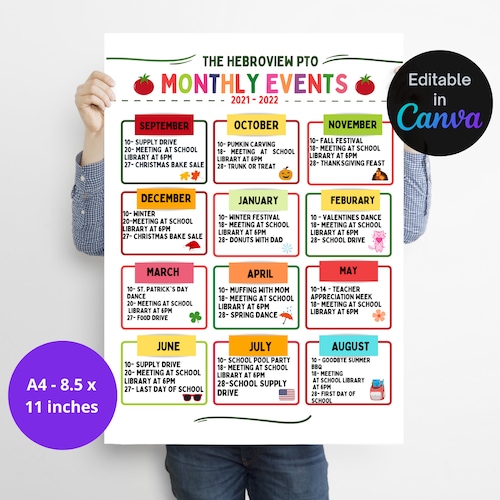 Editable Monthly Event Calendar Flyer Template Year at a Etsy Editable Monthly Event Calendar Flyer Template Year at a Etsy