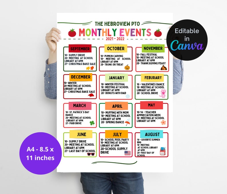 Editable Monthly Event Calendar Flyer Template, Year at a Glance, School Year Fundraiser Event, Volunteer Meeting Agenda image 1