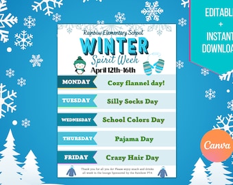 Winter Spirit Week Editable  Schedule | Printable DIY Spirit Week | School PTO Monthly Planner Flyer Instant Download