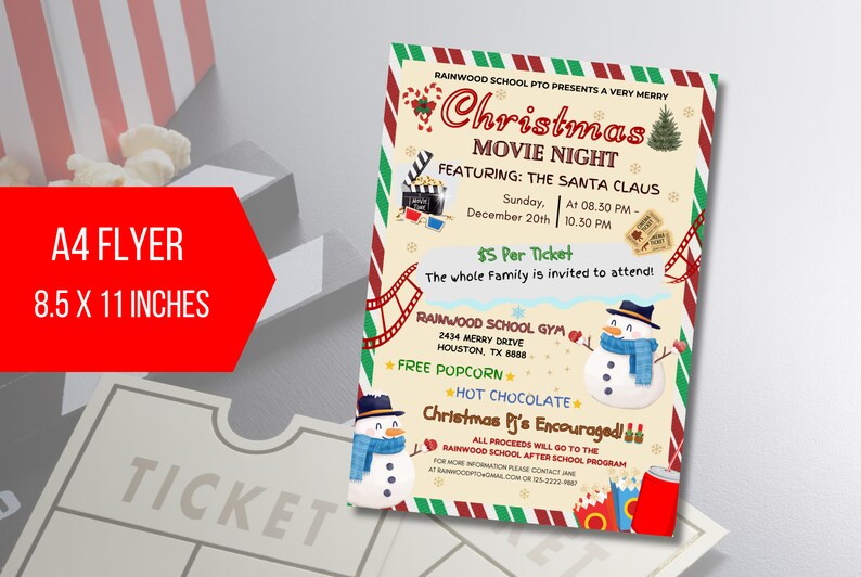 EDITABLE Christmas Movie Night Flyer, School Church Fundraiser Invite, PTA PTO Community Fundraiser Event Flyer Template Instant Download image 2