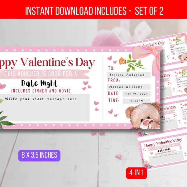 EDITABLE Valentines Day Date Night Ticket Template - Personalized Event Ticket - Surprise Date Night Ticket Digital Instant Download