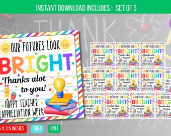 Op de afbeelding: Een set afdrukbare bedankkaarten voor leraren met de tekst "Our Futures Look Bright" in regenboogkleuren. Het ontwerp bevat een gloeilamp, boeken en de boodschap "Thanks a lot to you!" en "Happy Teacher Appreciation Week."