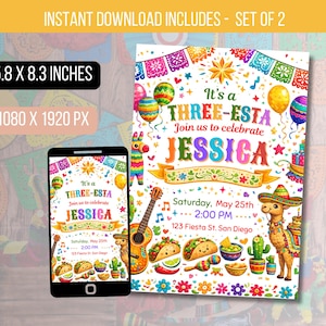 May include: A digital invitation set for a Three-Esta party, featuring a colorful design with balloons, a guitar, tacos, and a llama wearing a sombrero. The invitation is 5.8 x 8.3 inches and includes a matching phone screen design.