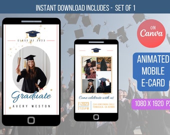 May include: Animated mobile e-card template for graduation. The template features a black and gold graduation cap, a photo of a graduate, and the text "Class of 2023" and "Graduate". The e-card is designed for use on Canva and is 1080 x 1920 pixels.